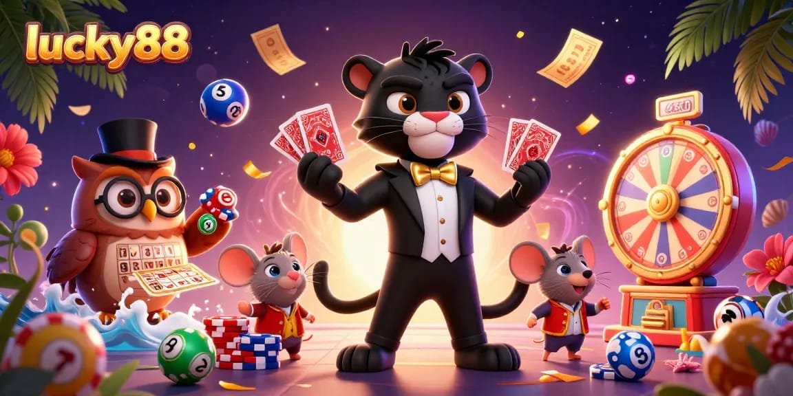 Lucky88 illustration with a panther, owl, and mouse engaging in a vibrant lottery scene