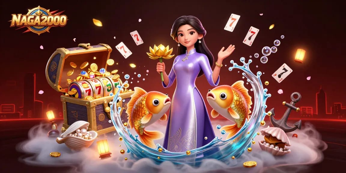 NAGA2000 menampilkan suasana kasino yang imersif dengan seorang wanita Asia yang anggun memegang bunga teratai, meningkatkan pengalaman bermain game.