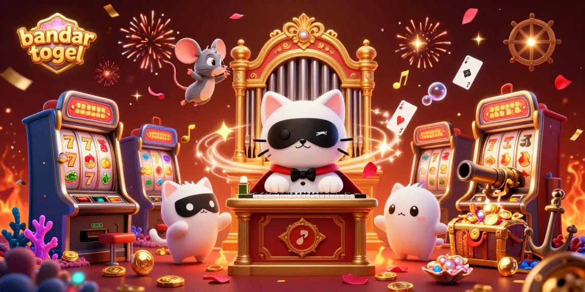 Experience thrilling moments with bandar togel in this vibrant casino scene featuring a masked cat and acrobatic mouse.