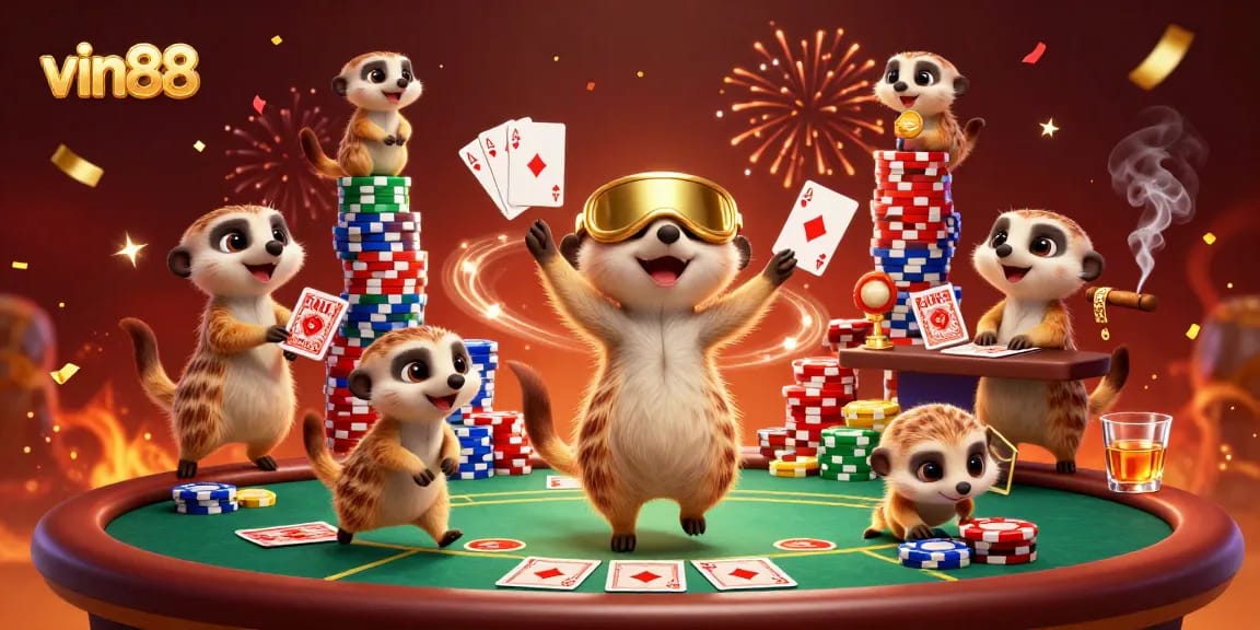 Experience thrilling gameplay with vin88's meerkats managing a vibrant casino scene filled with excitement.