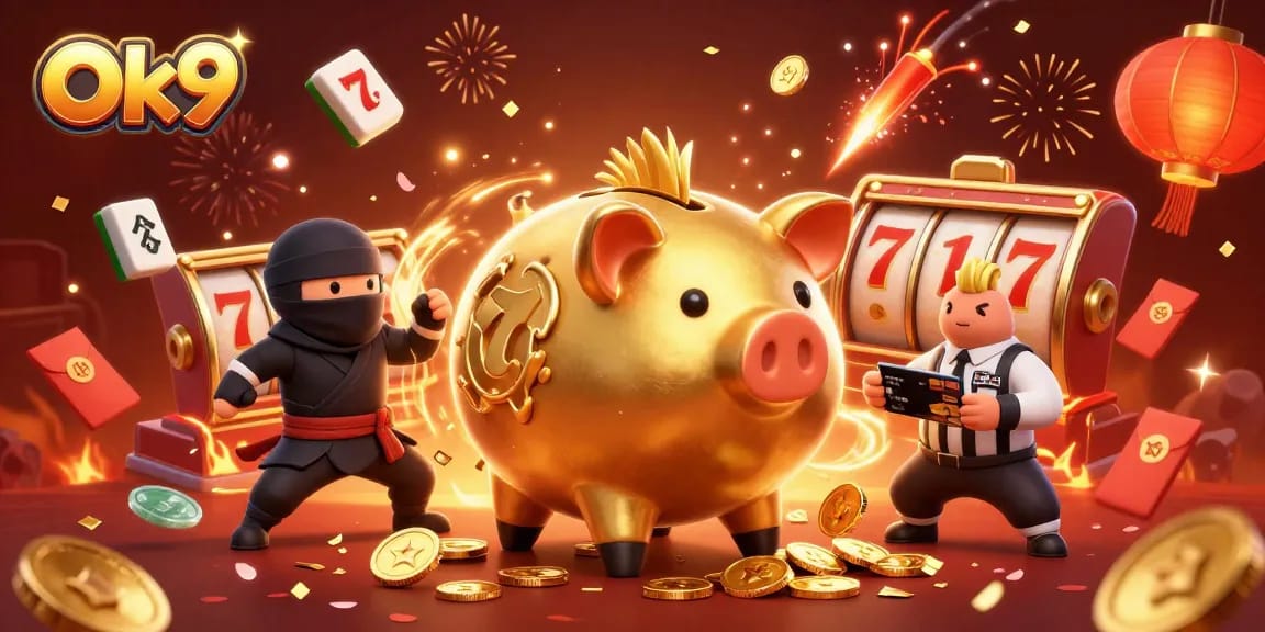 Experience thrill and excitement at Ok9 with an action-packed casino scene featuring dynamic characters and vibrant elements.