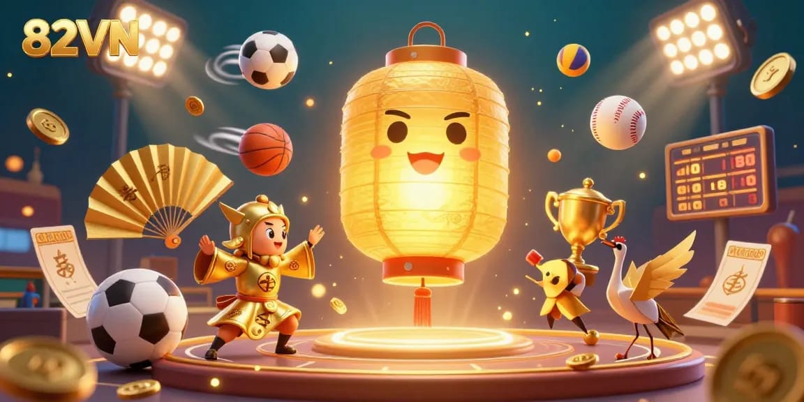 Experience dynamic betting at 82VN with a golden lantern spirit amidst a vibrant casino backdrop.
