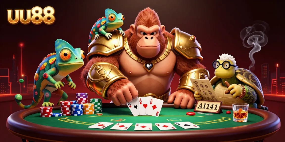 Participate in the uu88 poker clash with a king gorilla and wise tortoise strategizing.