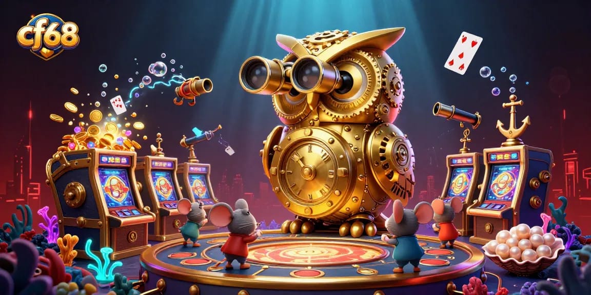Engage with cf68's vibrant casino adventure featuring a golden owl and whimsical mice amidst treasures.
