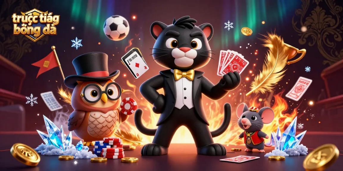 Engaging scene showcasing trực tiếp bóng đá action with panther dealing cards and owl holding chips in a dynamic sports setting.