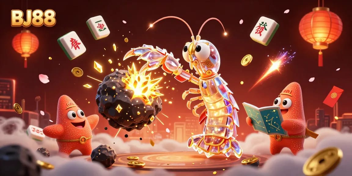 Engage in thrilling gameplay at BJ88, showcasing a vibrant casino scene with colorful game symbols.