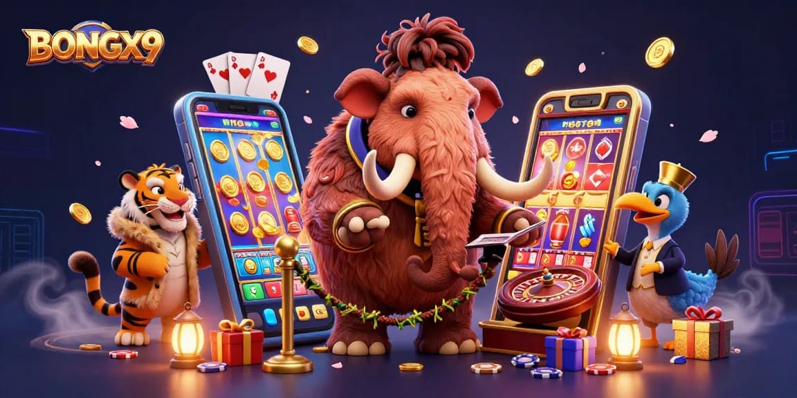 BONGX9 casino illustration featuring a woolly mammoth bouncer, saber-tooth tiger, and dodo bird with dynamic gaming elements.