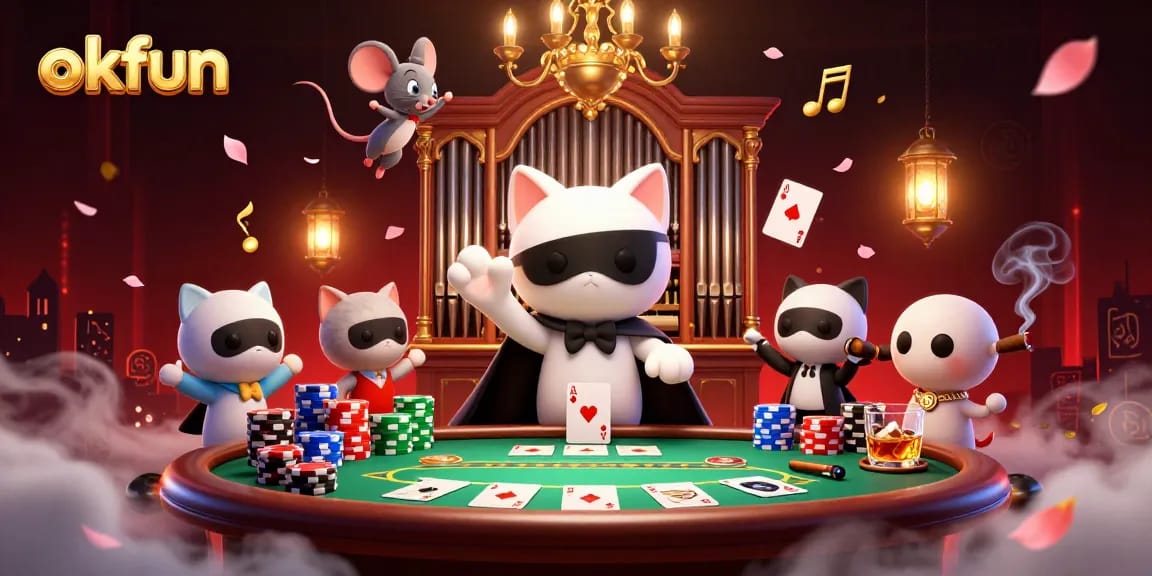 Engage in thrilling poker action with okfun in a vibrant casino scene with whimsical characters.