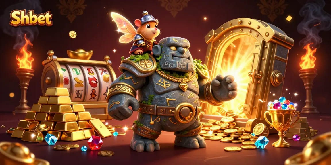 Engage with thrilling Shbet gaming adventures, featuring vibrant characters amid sparkling treasures and slot machines.
