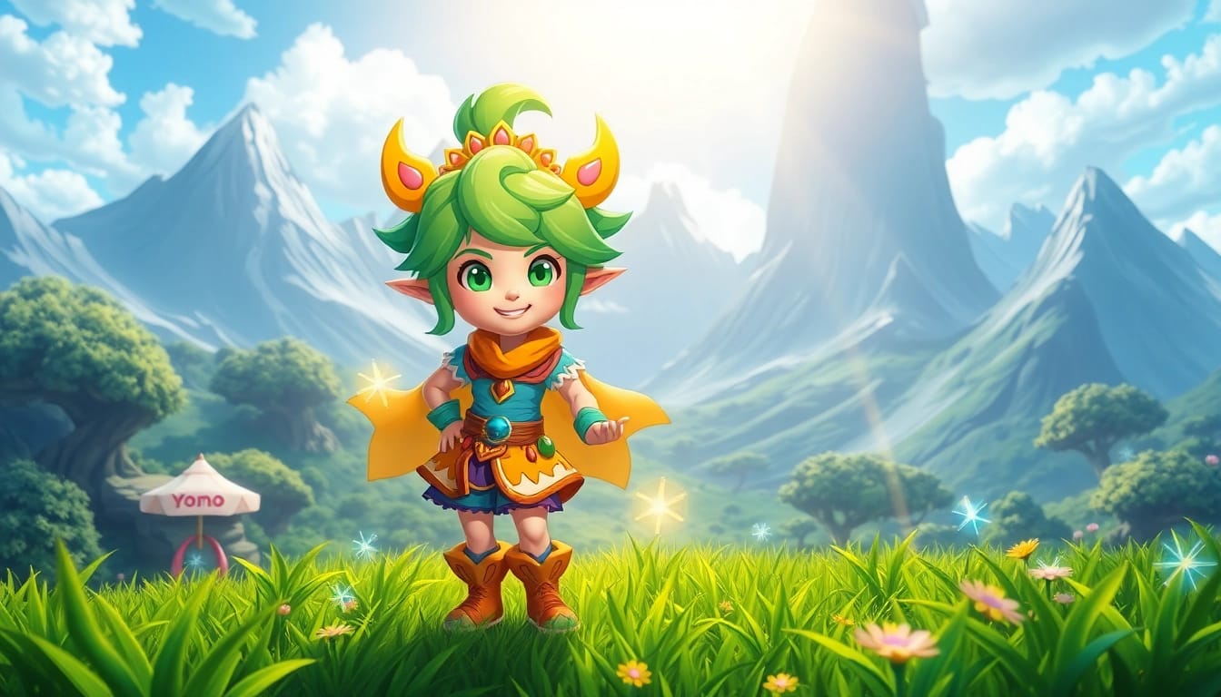 Engaging Yono game character in a whimsical fantasy landscape, showcasing a playful stance.