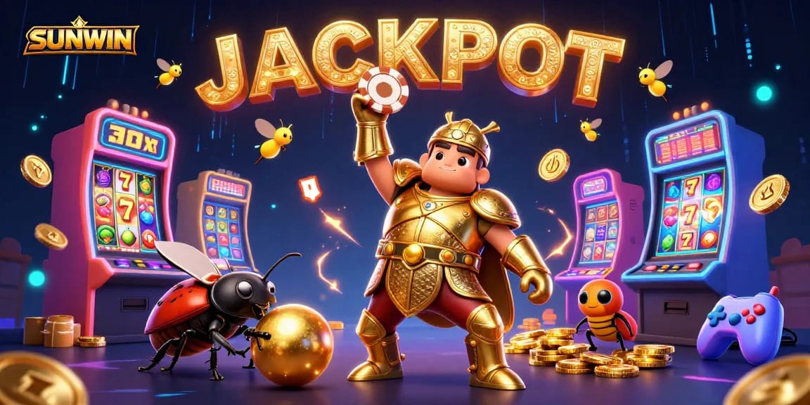 SUNWIN offers thrilling casino adventures; 3D hercules beetle celebrates victory with a jackpot.