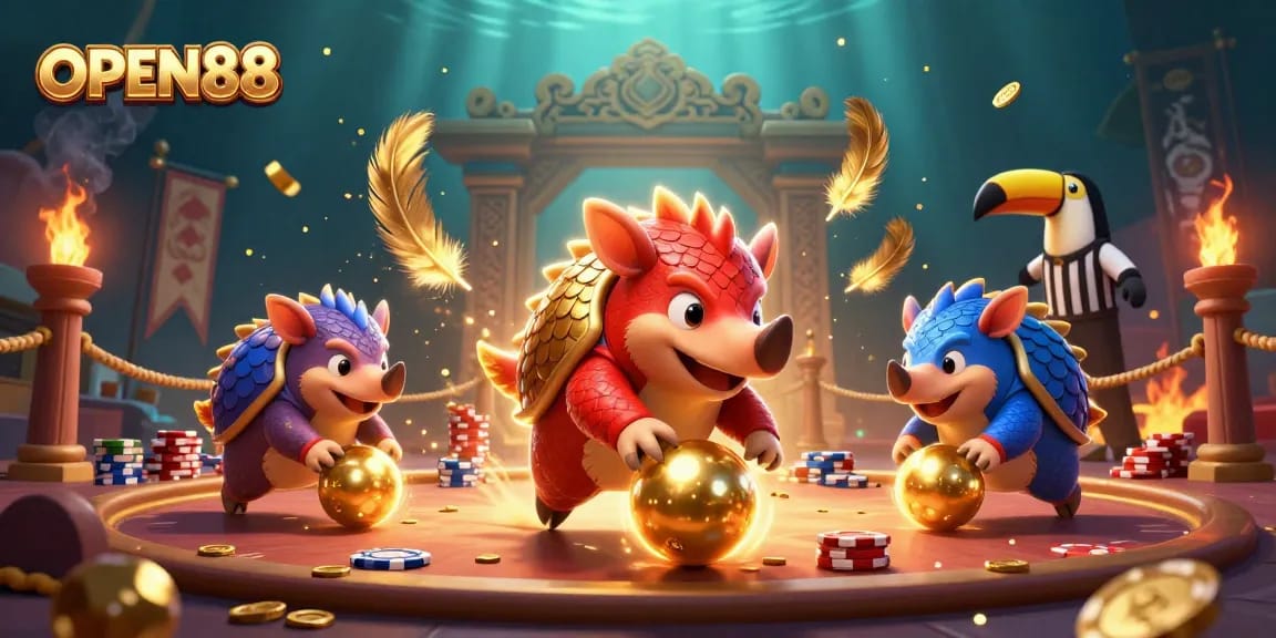 Witness OPEN88 pangolins competing in a vibrant, 3D casino duel surrounded by poker chips.