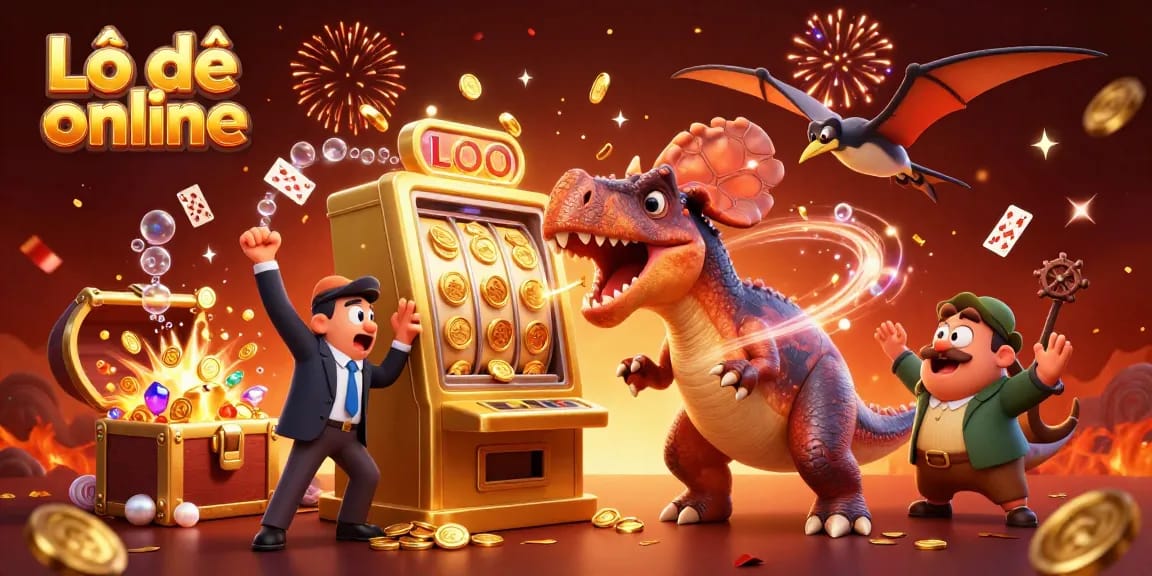 Experience the thrill of Lô đề online as characters interact with a vibrant casino scene full of treasures.