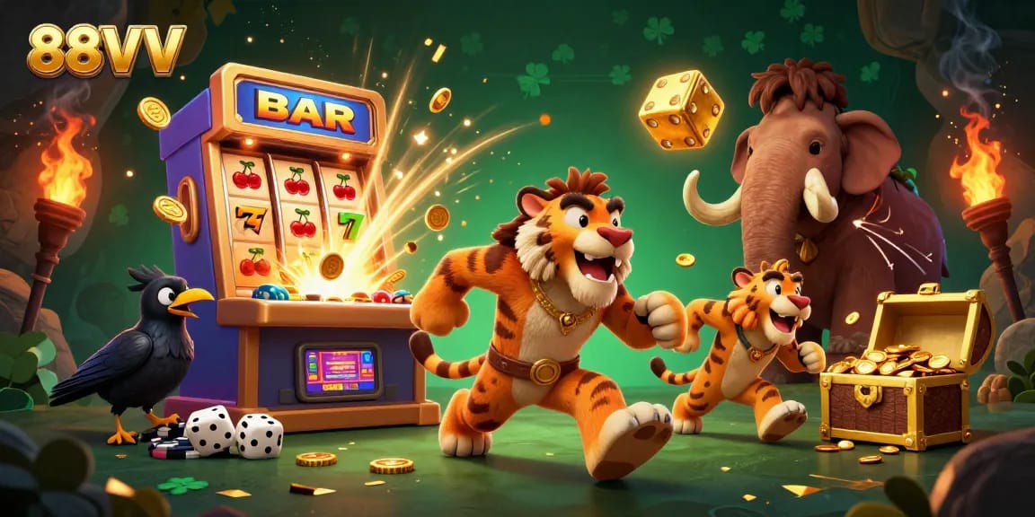 88VV captures thrilling casino action with 3D characters and slot machine bursting with coins.