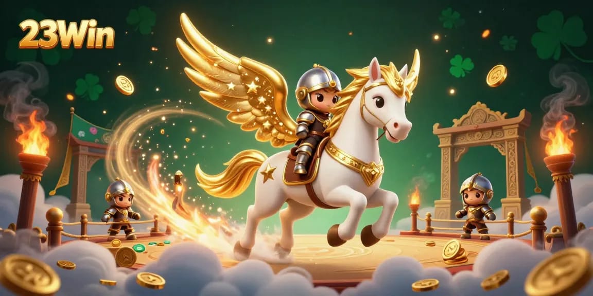 Experience the excitement of winning at 23Win with a celestial scene featuring knights and games.