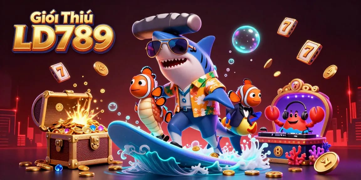 Experience Giới Thiệu LD789 with a lively underwater scene showing a shark and friends surfing on gold coins amidst vibrant casino elements.