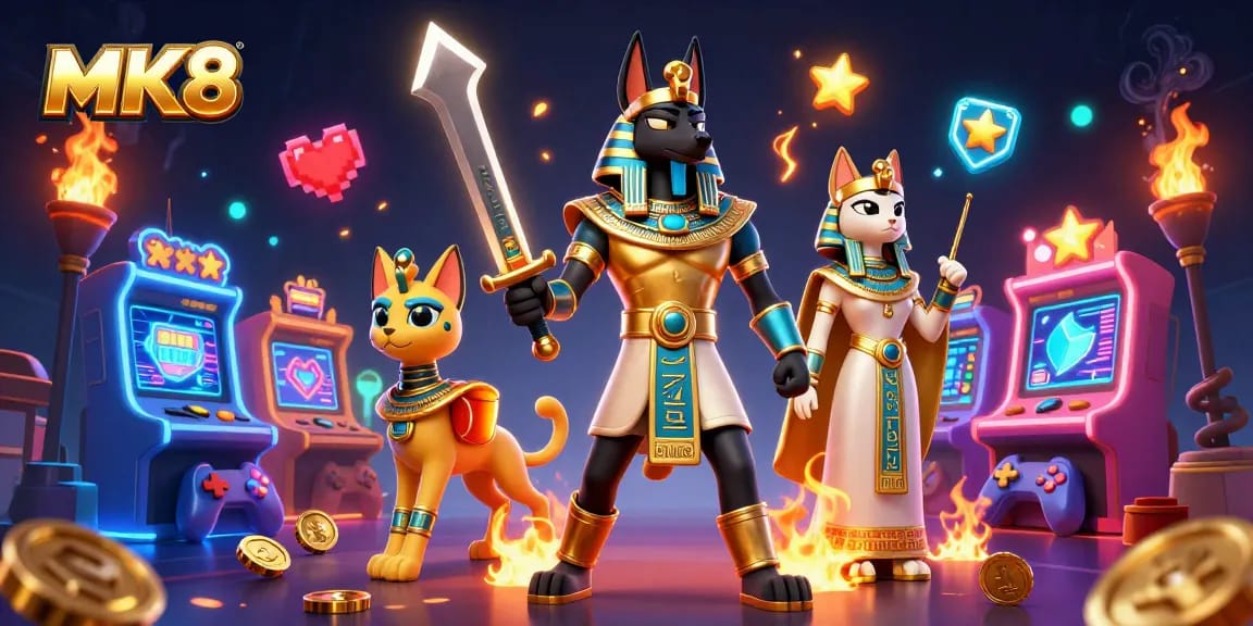 Win big at MK8 with ancient Egyptian warriors and vibrant casino games in a 3D illustration.