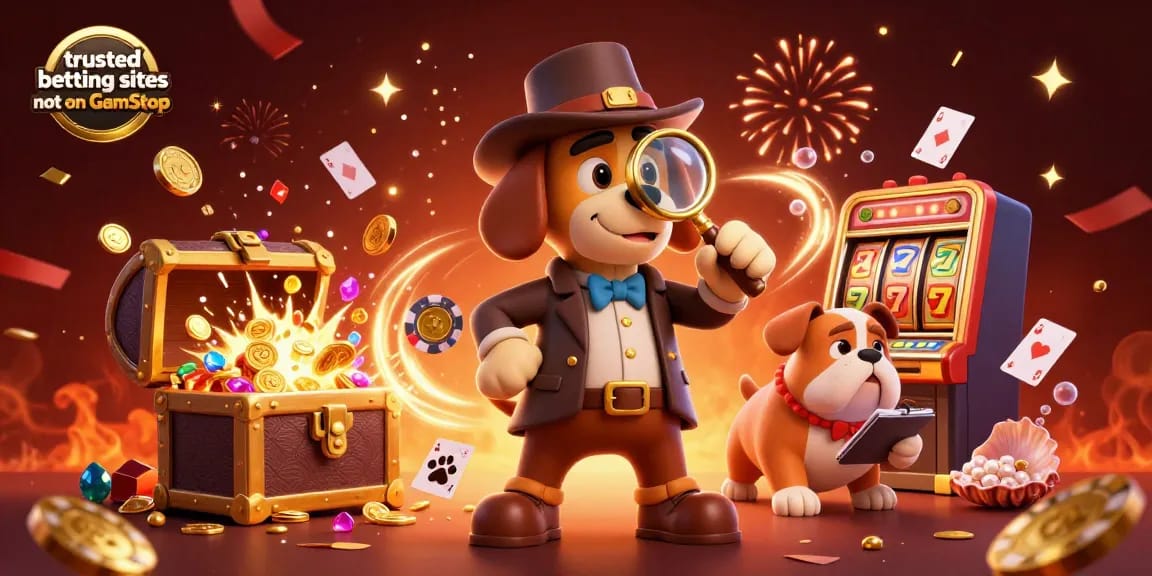 Engage with trusted betting sites not on GamStop featuring a cartoon detective and treasure-filled casino scene.