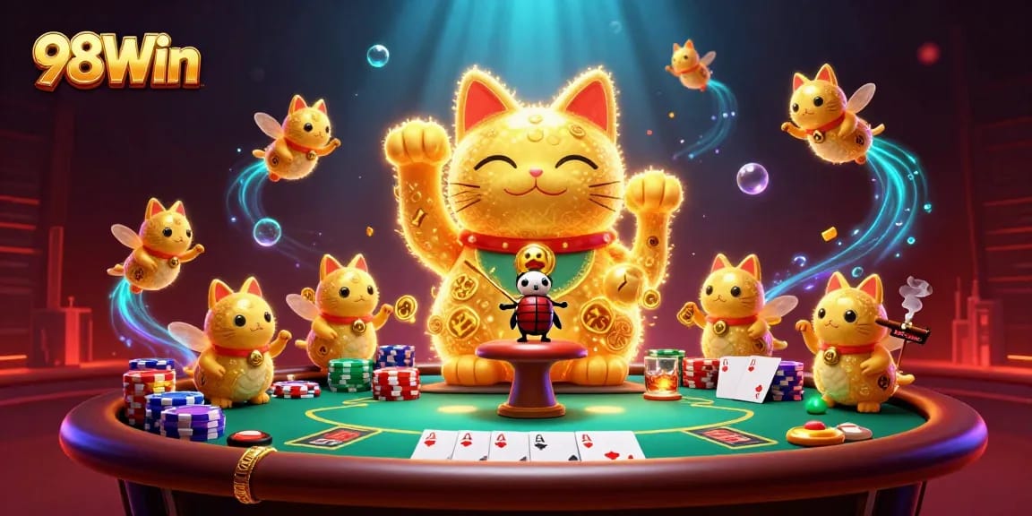 Experience the thrilling world of 98Win casino with golden fireflies and vibrant gaming elements.