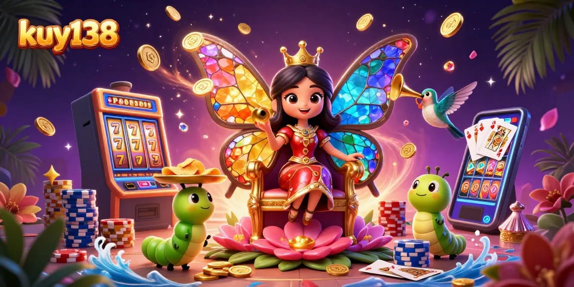 Kuy138 memanjakan dengan slot jackpot yang megah dan pesona kasino, dikelilingi oleh koin emas dan chip berwarna-warni.