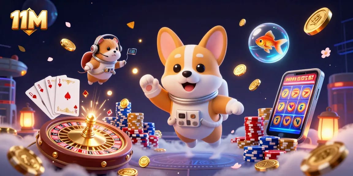 Experience thrilling gameplay with 11M as a cartoon corgi astronaut explores a space casino