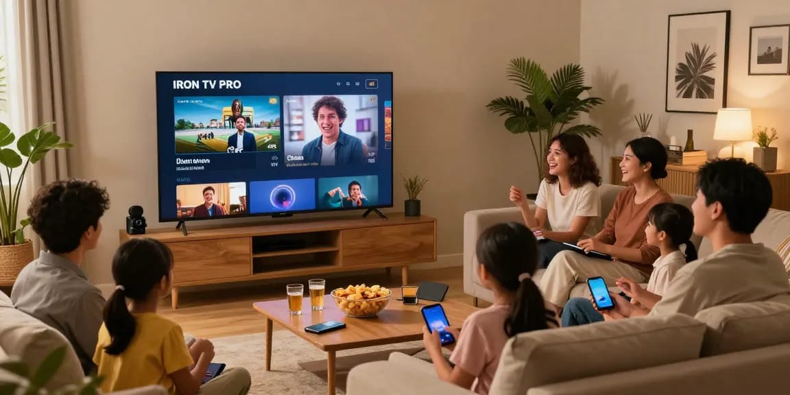 Family enjoying IRON TV PRO streaming on smart TV in a cozy living room.
