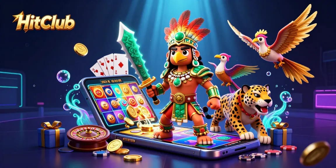HitClub brings excitement to gaming with a vibrant 3D illustration featuring slot games and dynamic action.