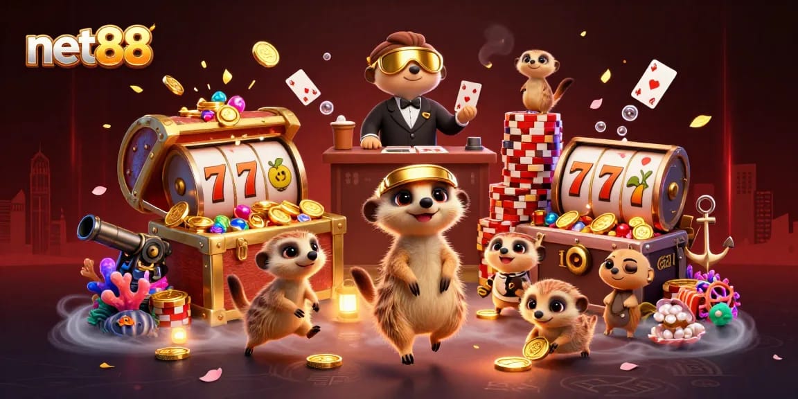 net88 showcases spirited meerkats in a vibrant casino setting, featuring cards, coins, and gleaming treasures.