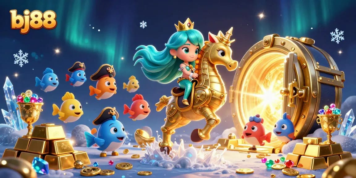 Experience excitement at bj88 with a vibrant mermaid and seahorse surrounded by glistening treasures in a magical casino scene.
