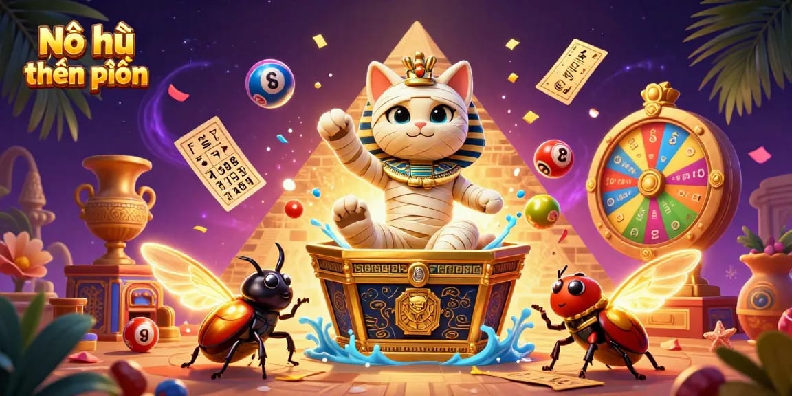Nổ hũ thợ săn tiền thưởng scene with a mummy cat and dynamic casino elements in 3D.