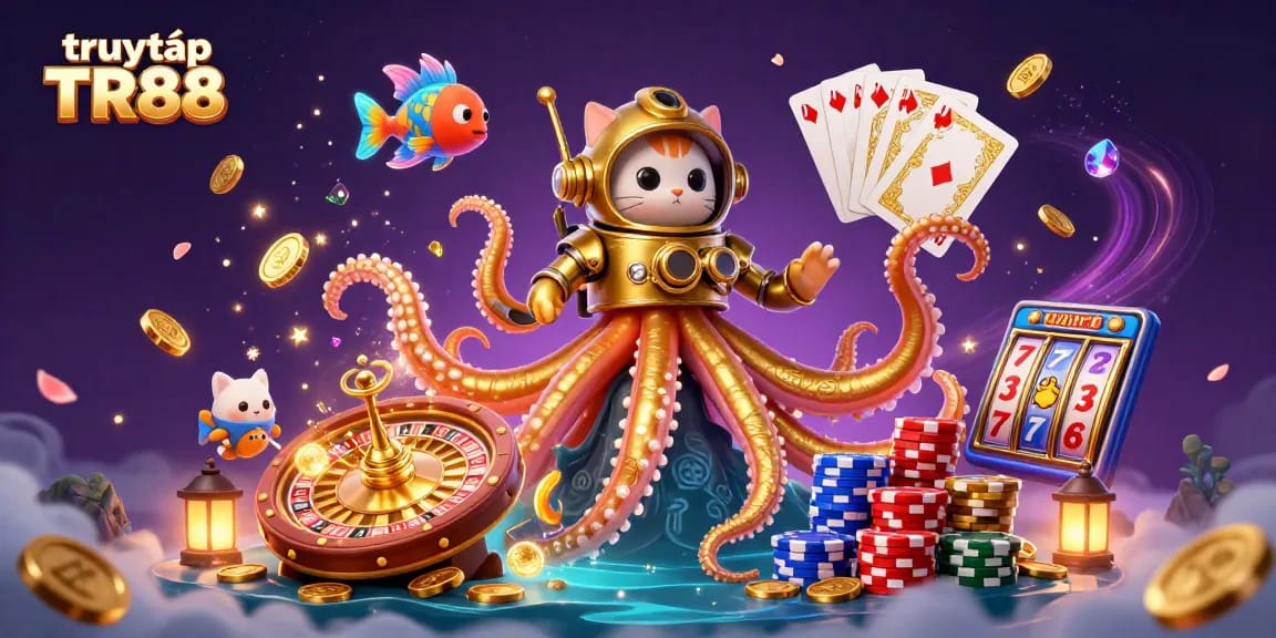 Experience the thrill of truy cập TR88 with a striking kraken, diving cat, and vibrant casino elements.