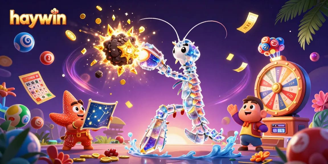 Haywin showcases a 3D samurai mantis shrimp smashing an asteroid, symbolizing jackpot excitement.