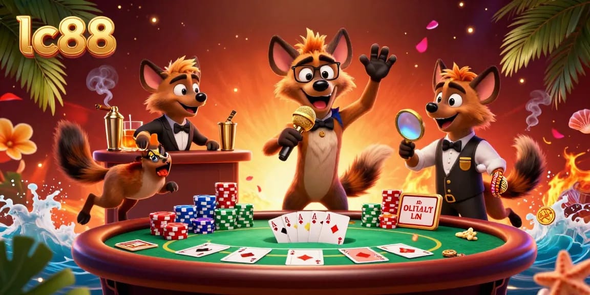 Enjoy the vibrant lc88 casino atmosphere with hyenas entertaining and gaming in a packed scene.
