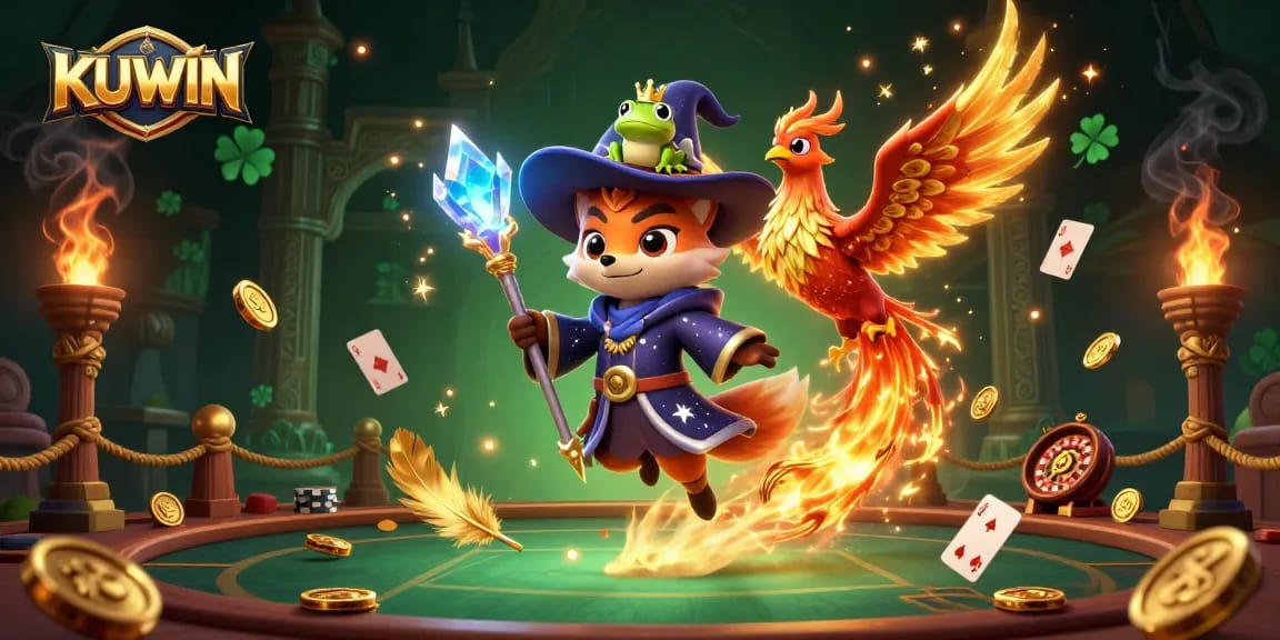 Experience thrilling gameplay with KUWIN, featuring magical characters and dynamic betting elements in a vibrant 3D illustration.