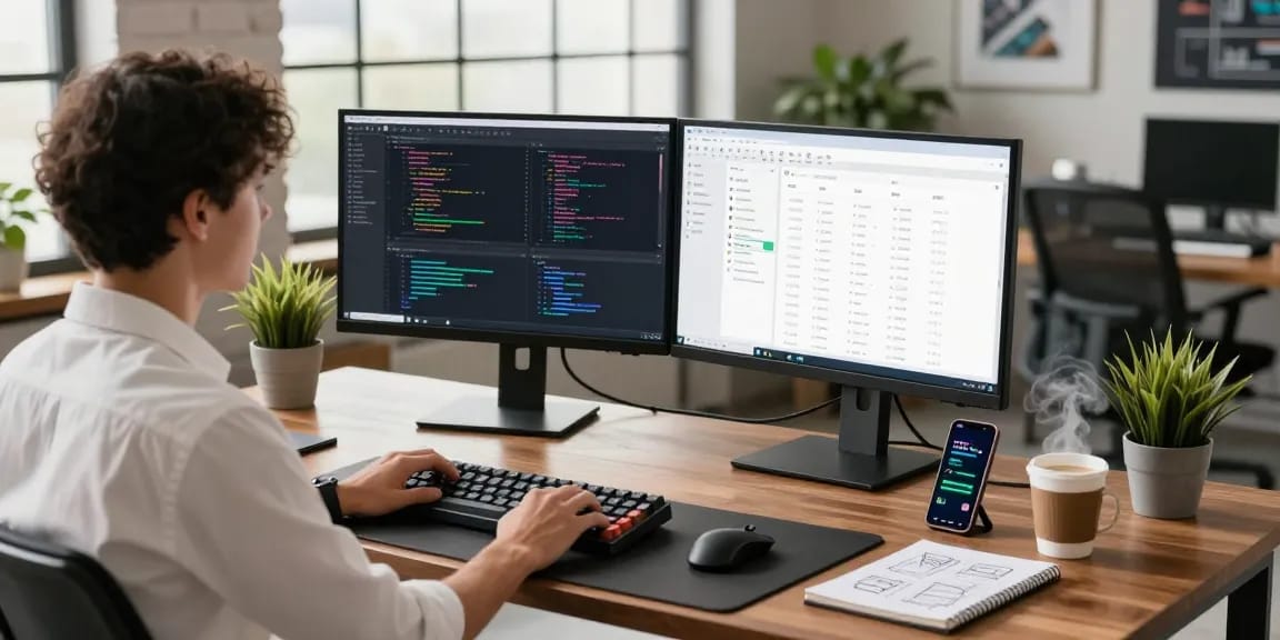Innovative workspace for LLG link indx services with developer coding on dual monitors in modern office, showcasing technology integration.