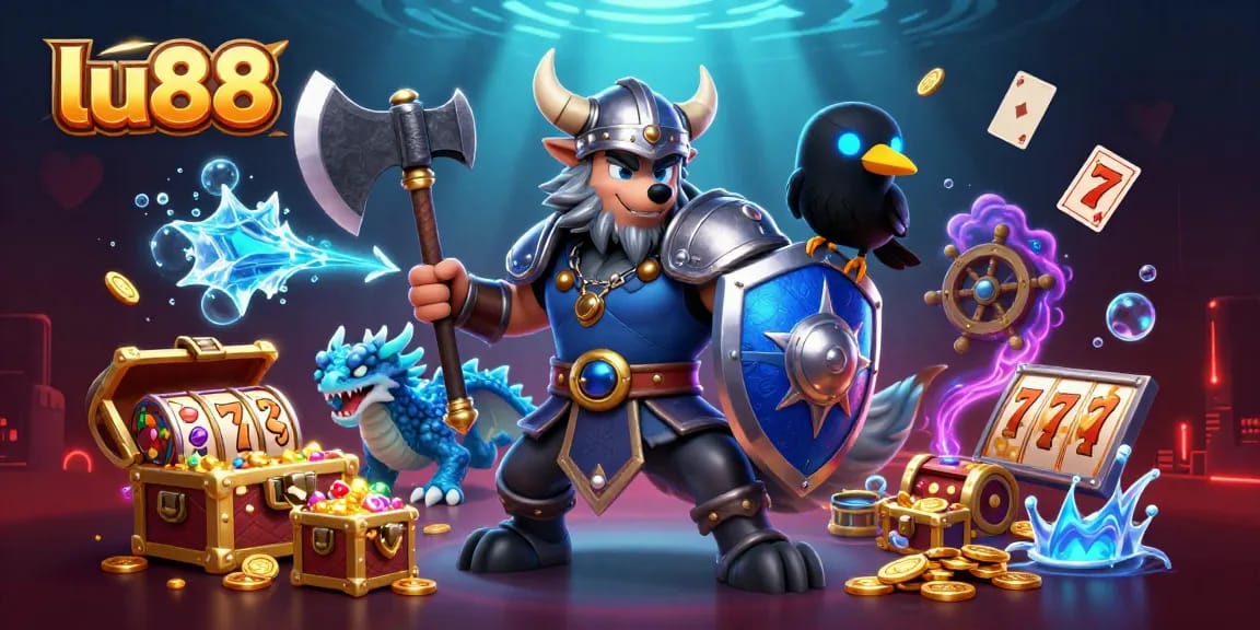 Experience the excitement of lu88 with a Viking warrior, fierce dragon, and casino games.