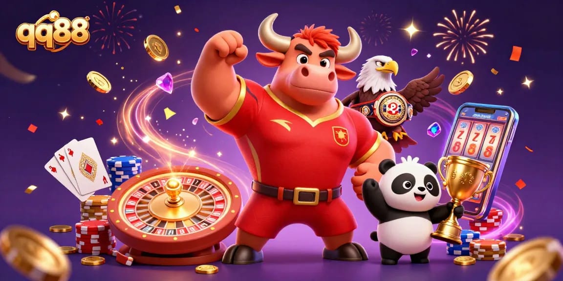 Experience the excitement of qq88 with lively 3D characters celebrating in a vibrant casino scene.