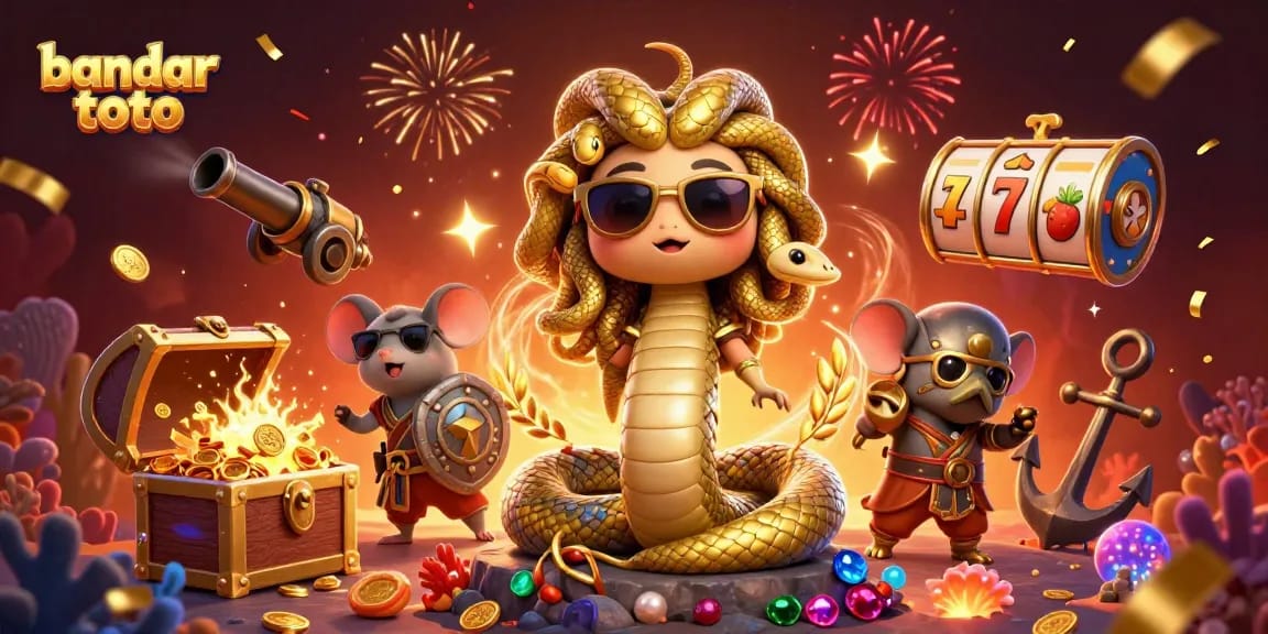 Engage with bandar toto in this vibrant 3D illustration packed with slot reels and treasures!