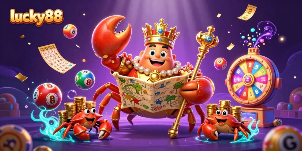 Win big with lucky88 in this vibrant underwater casino scene featuring a crab emperor