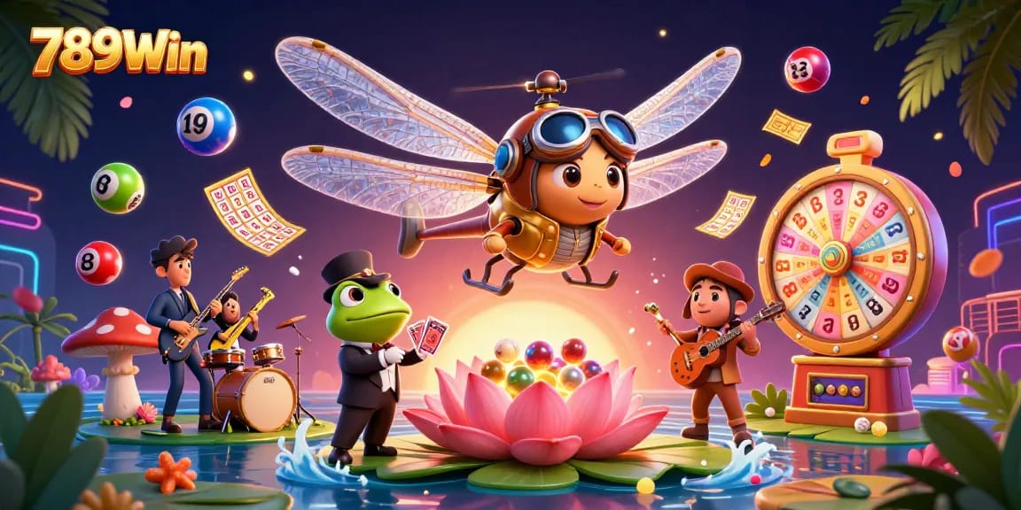 Experience dynamic gaming action with 789Win's vibrant casino scene featuring colorful lottery balls and card games.