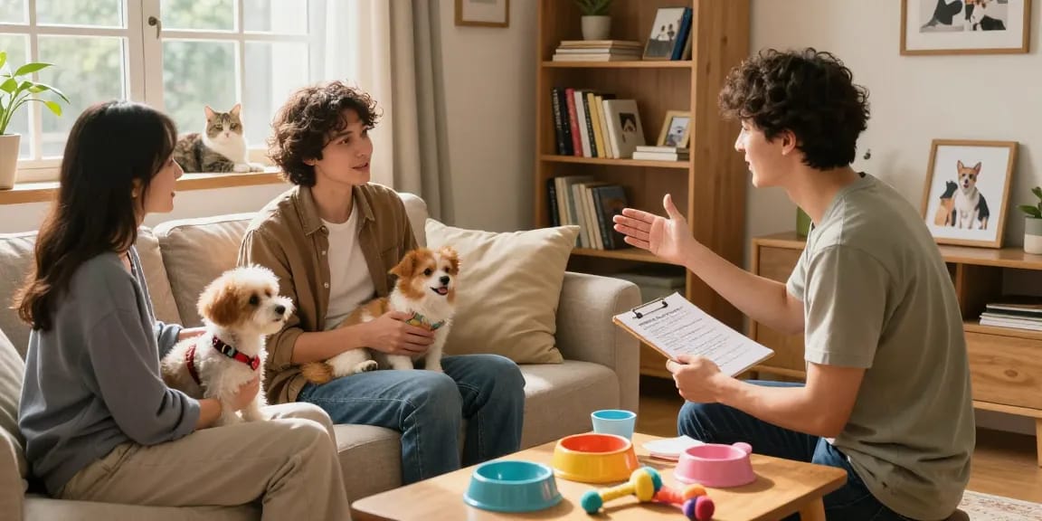 Pet owners sharing tips in cozy living room, exploring rokok88 link login for community insights