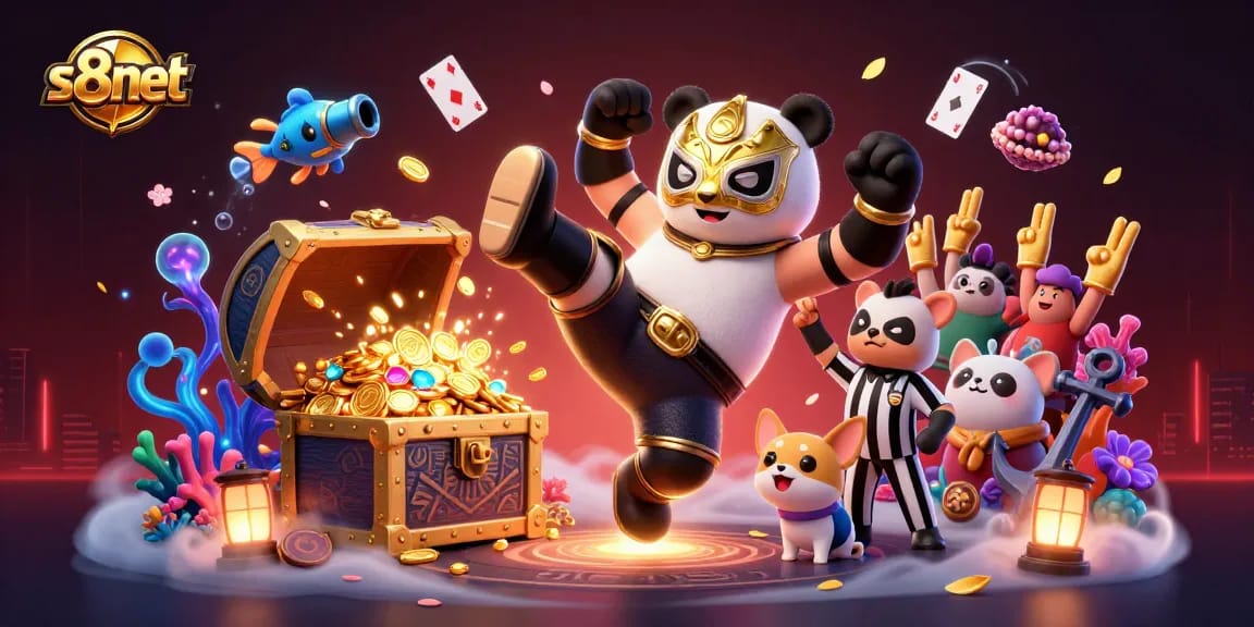 S8net showcases a vibrant online casino scene featuring a panda wrestler in action amidst colorful casino elements.