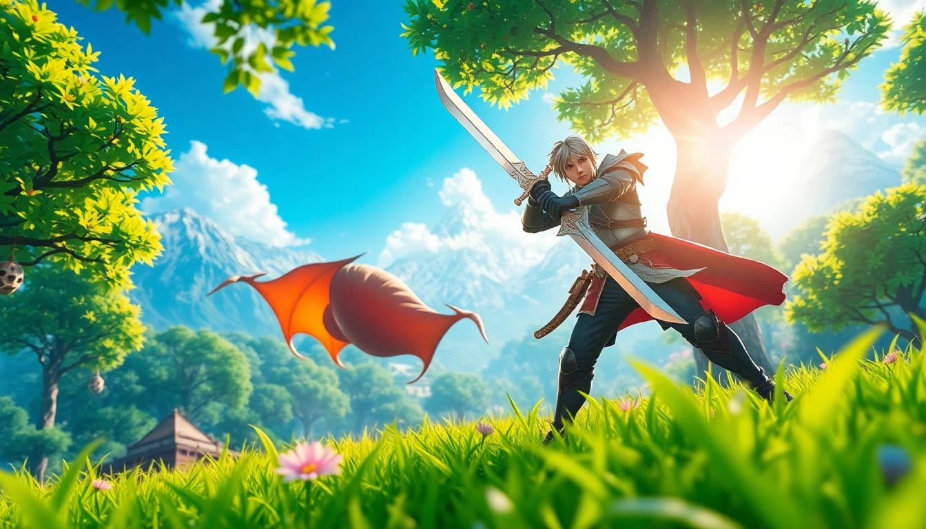 Action-packed scene depicting the enchanting yono game with a heroic character in a vibrant forest.