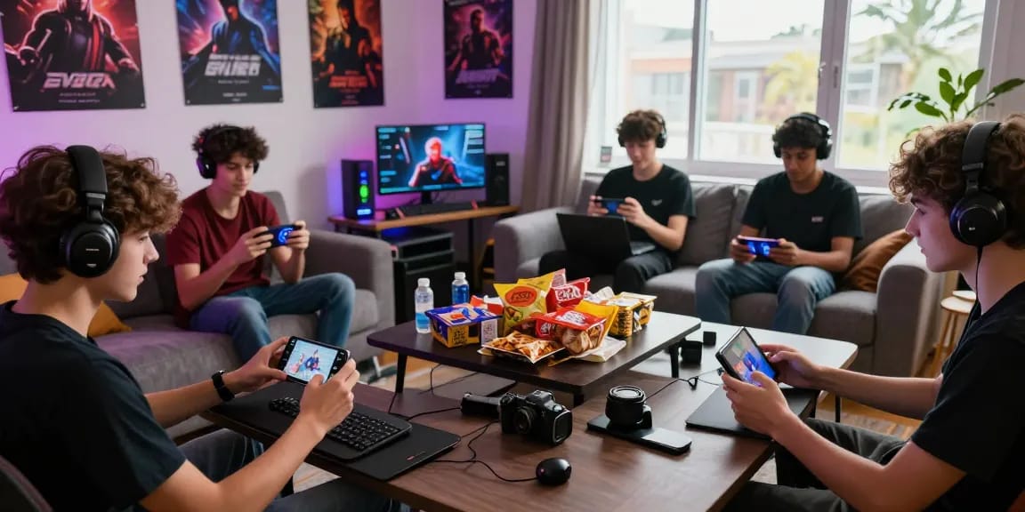 Engaged gamers enjoying slot7000 platform on various devices in a cozy living room.