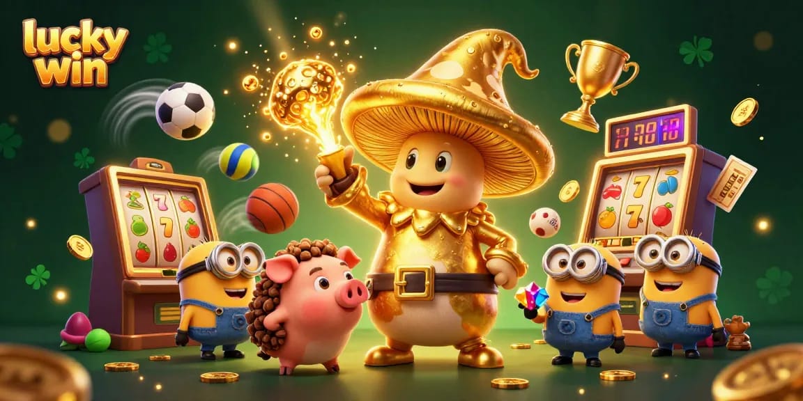 Engage in thrilling adventures at Lucky Win with vibrant casino scenes filled with animated characters and treasures.
