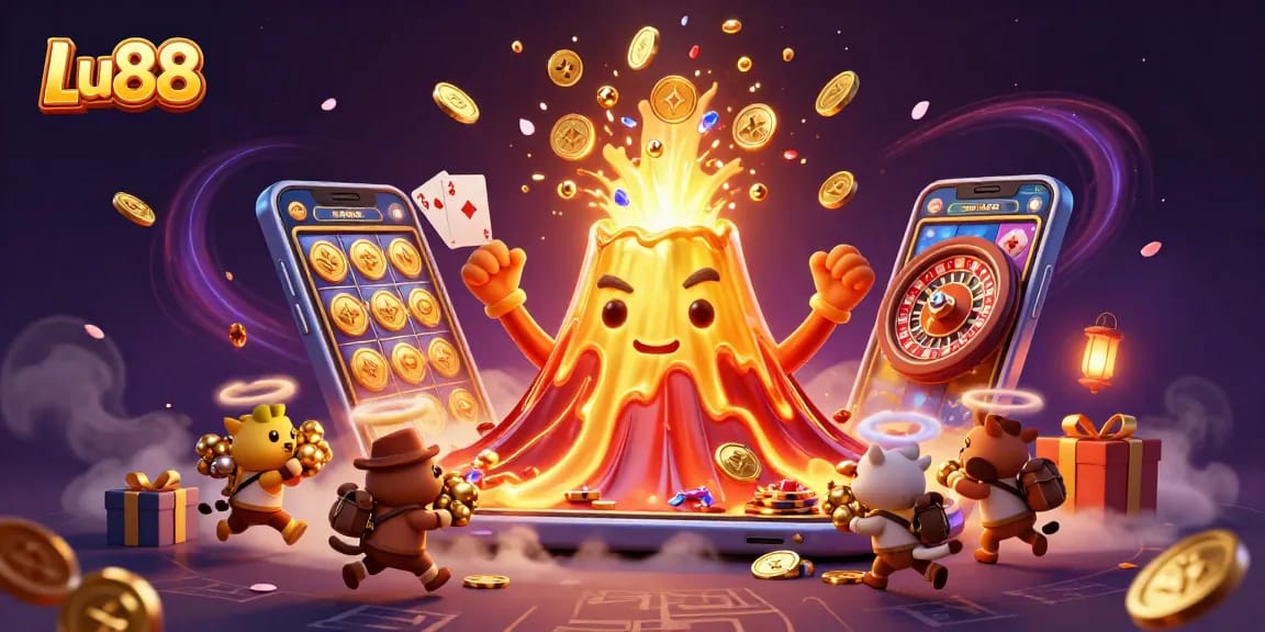 Join the excitement at Lu88 with this vibrant illustration of a golden volcano and treasures!