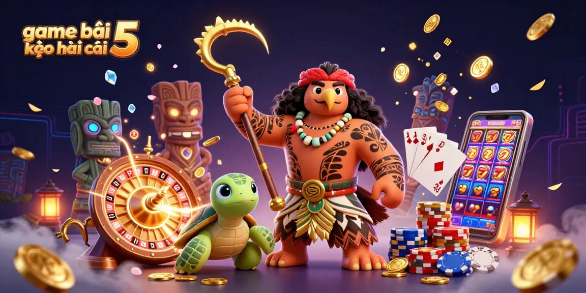 Engage in game bài kèo nhà cái 5 with vibrant casino elements featuring gold coins and a demigod hawk.