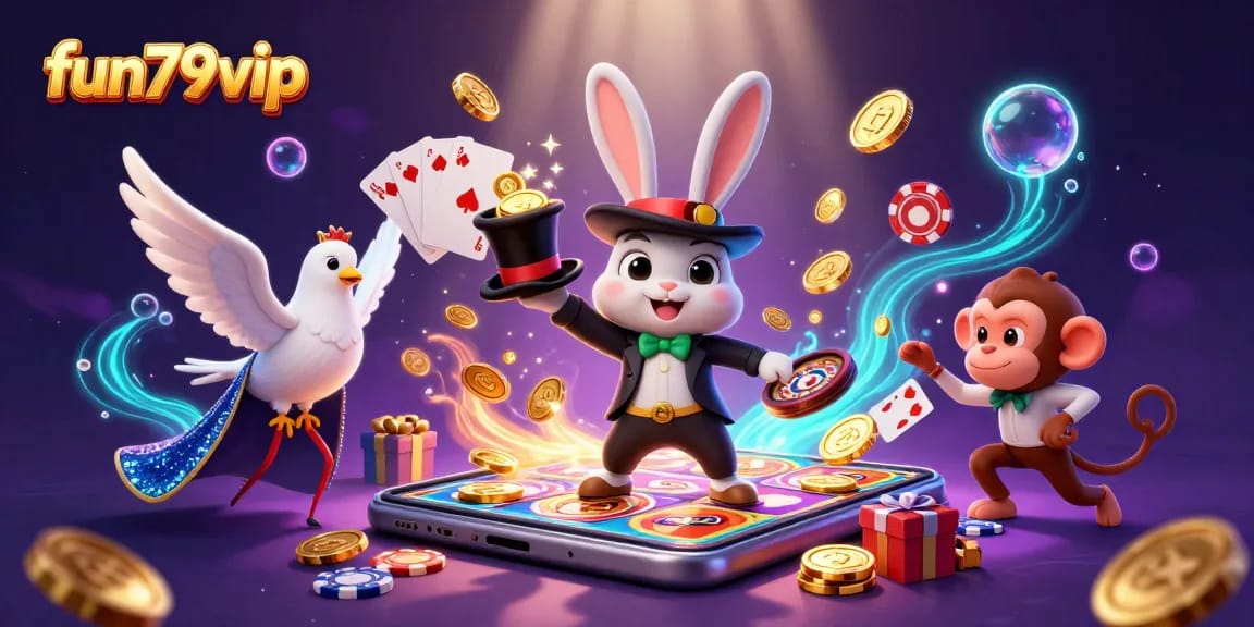 Experience fun79vip's magical atmosphere with a playful magician rabbit pulling golden coins at a lively casino scene.