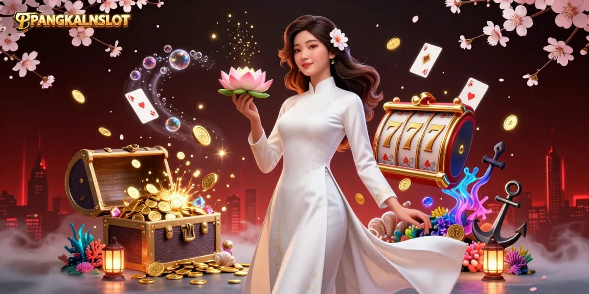 PANGKALANSLOT showcases a vibrant casino scene with an elegant Asian woman and dynamic slot elements.
