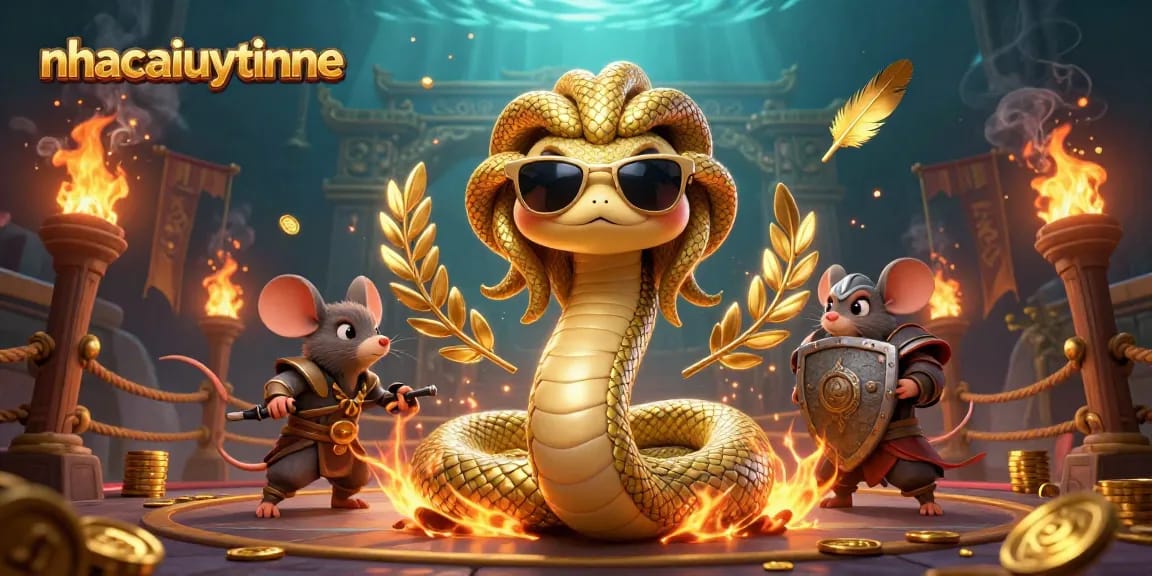Engage in exciting gaming experiences at nhacaiuytinne, featuring friendly Medusa and a warrior mouse amid golden casino elements.